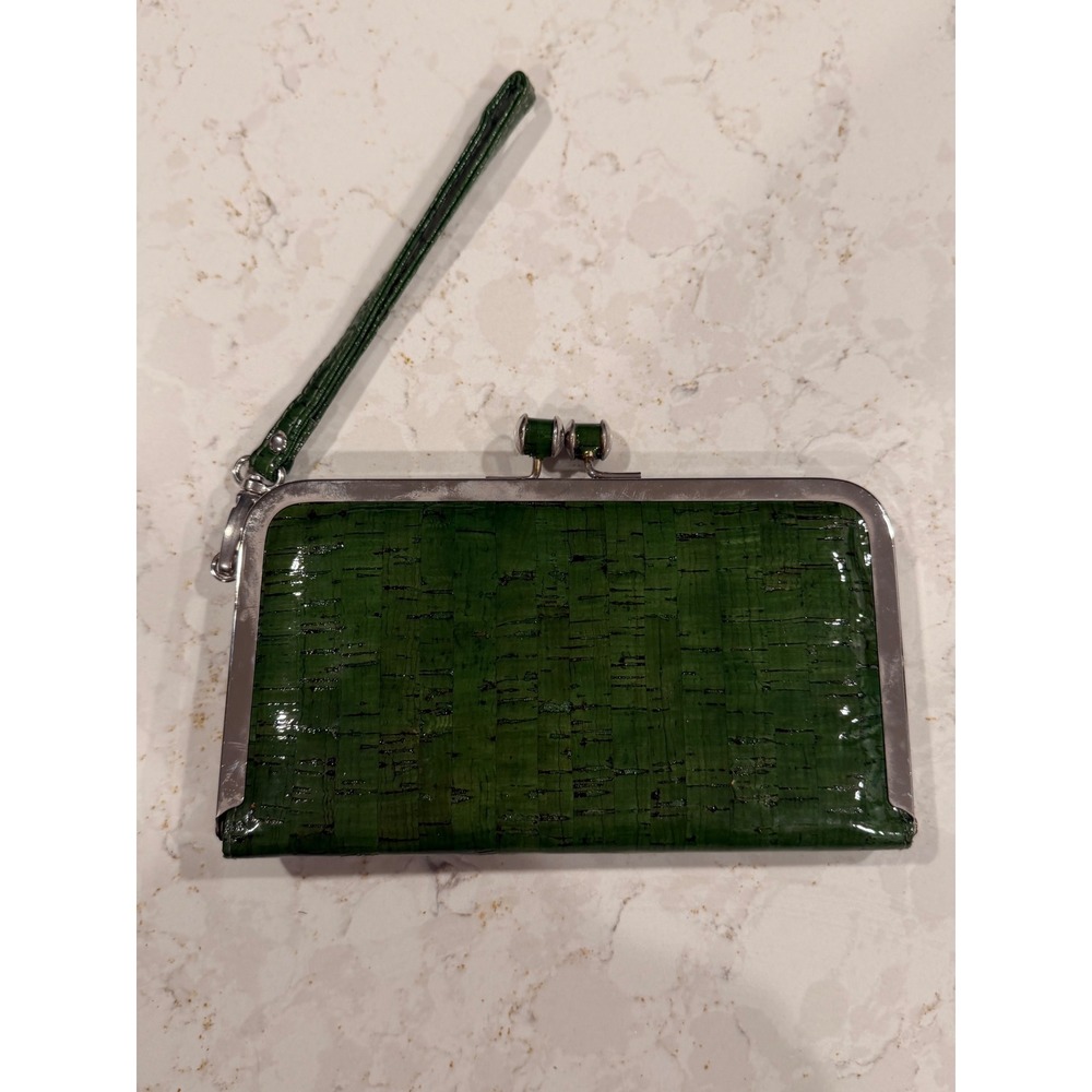 Forest Green Glossy Cork Texture Kiss Lock Wristlet Clutch Wallet Organizer